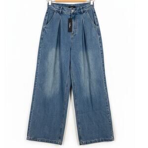 NWT Lulus Womens S Y2K Grunge Skater‎ 90s Pleated High Rise Wide Leg Blue Jeans